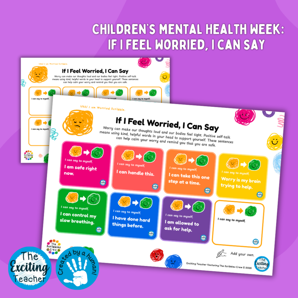 ET-661-EP CMHW2026 Worried Scribble I Can Say Script Cards Children's Mental Health Week Resources 2026 with The Scribbles Crew by Exciting Teacher 2026