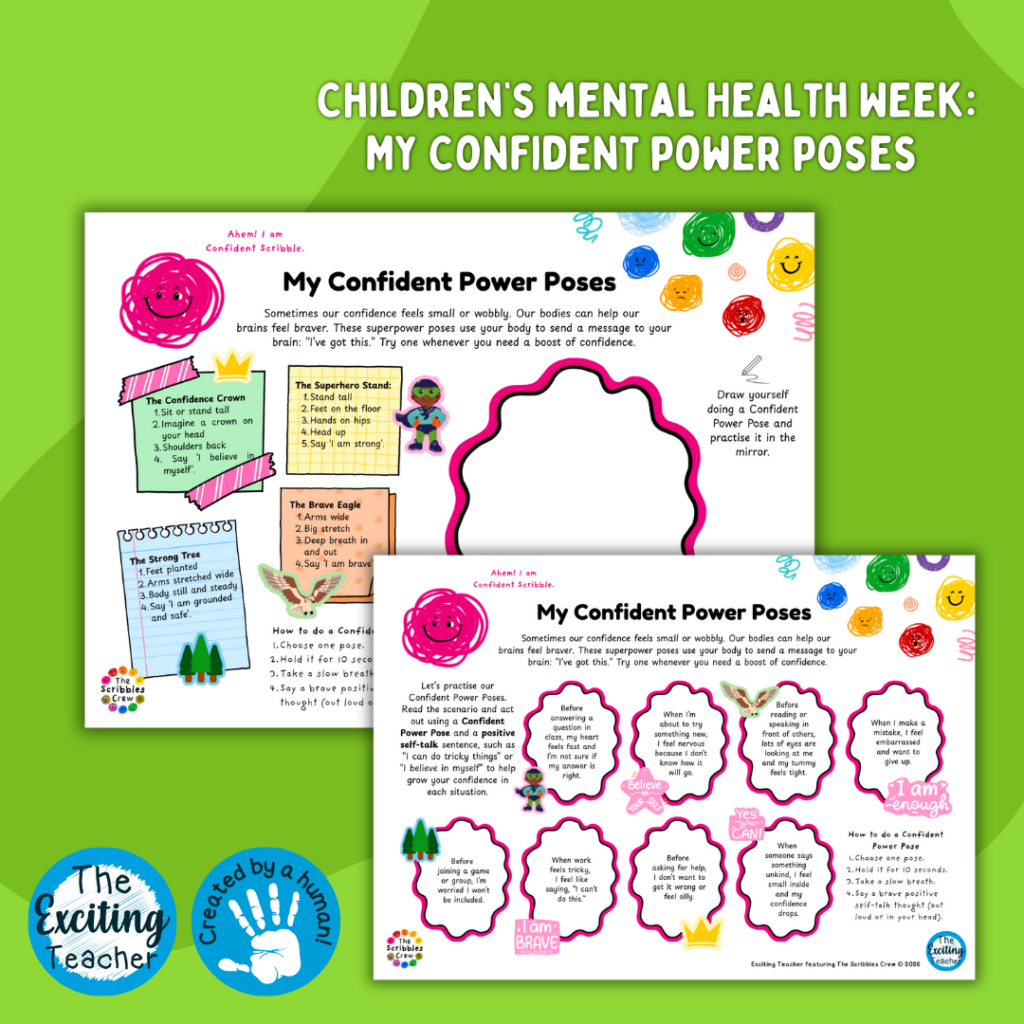 ET-660-EP CMHW2026 Confident Scribble Confidence Power Poses Children’s Mental Health Week Resources 2026 with The Scribbles Crew by Exciting Teacher 2026 ET-660-EP CMHW2026 Confident Scribble Confidence Power Poses Children’s Mental Health Week Resources 2026 with The Scribbles Crew by Exciting Teacher 2026