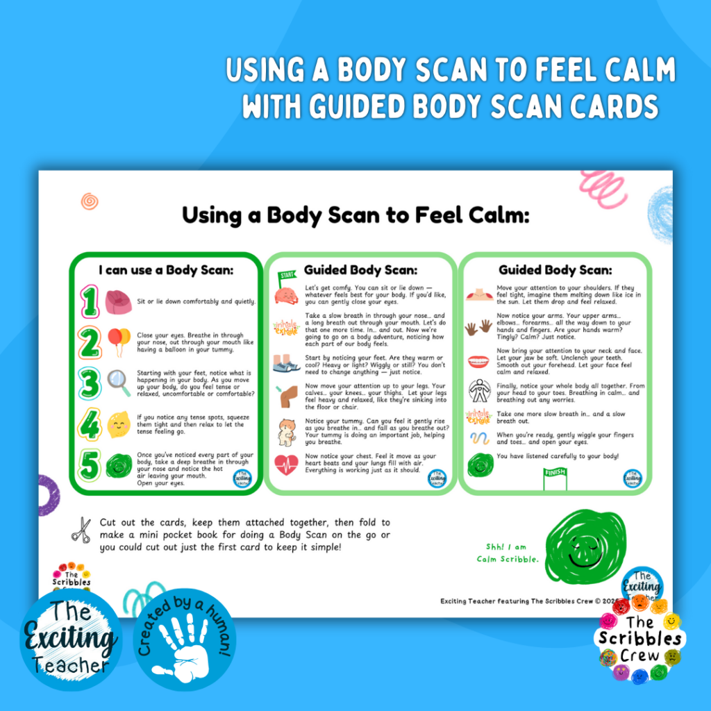 Guided Body Scan Pocket Card Calm Scribble Resource with The Scribbles Crew by Exciting Teacher 2026