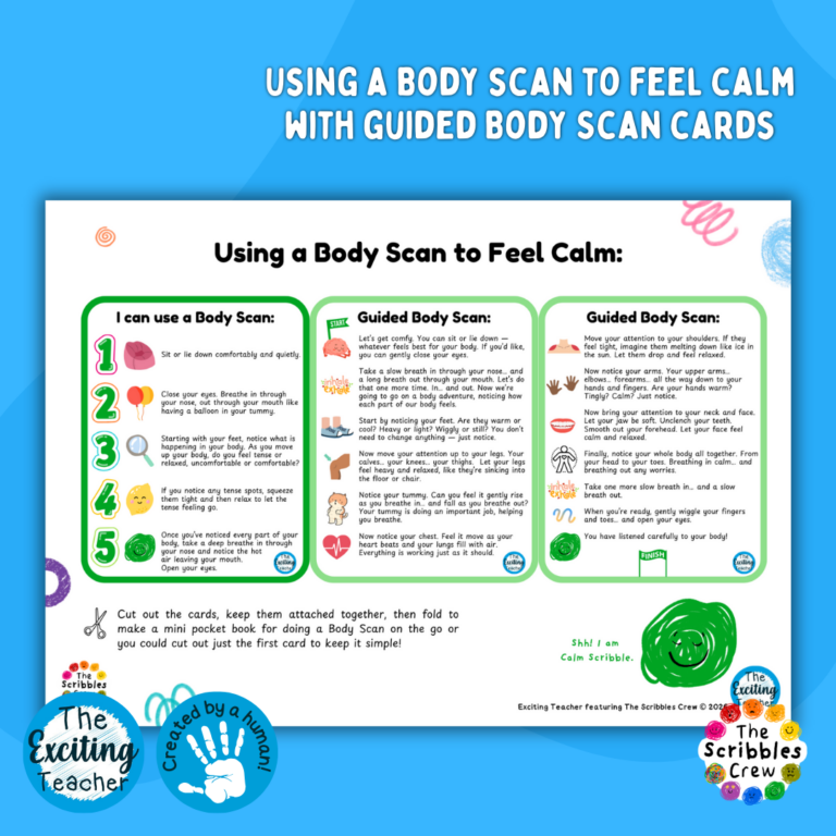 Guided Body Scan Pocket Card Calm Scribble Resource with The Scribbles Crew by Exciting Teacher 2026
