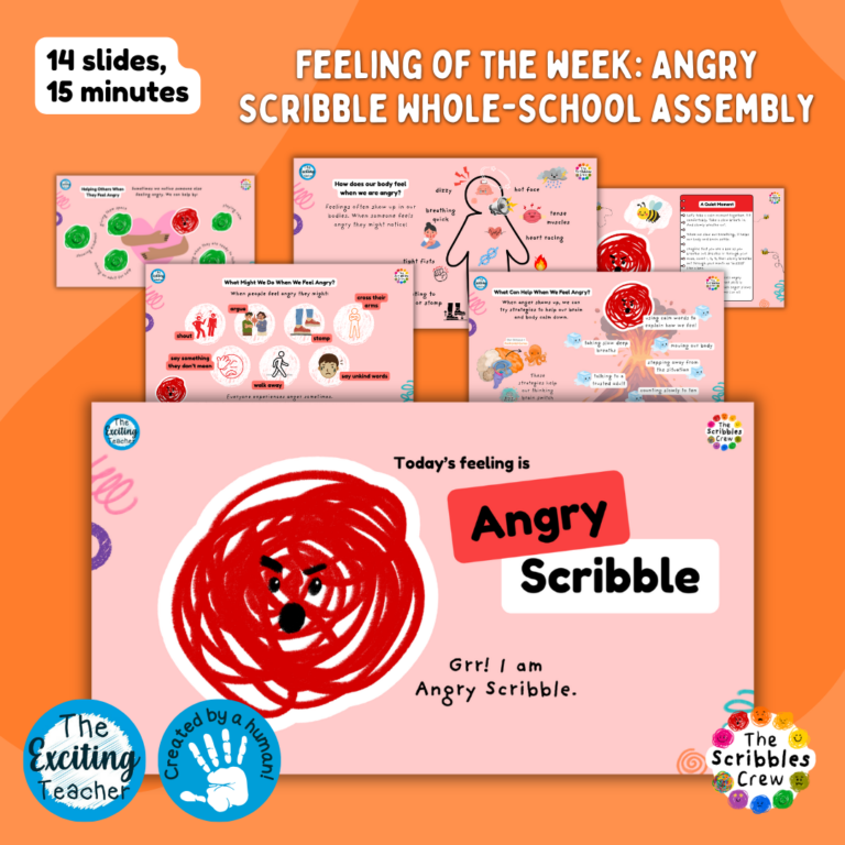 Feeling of the Week Meet Angry Scribble Whole-School Assembly Slides with Exciting Teacher and The Scribbles Crew 2026