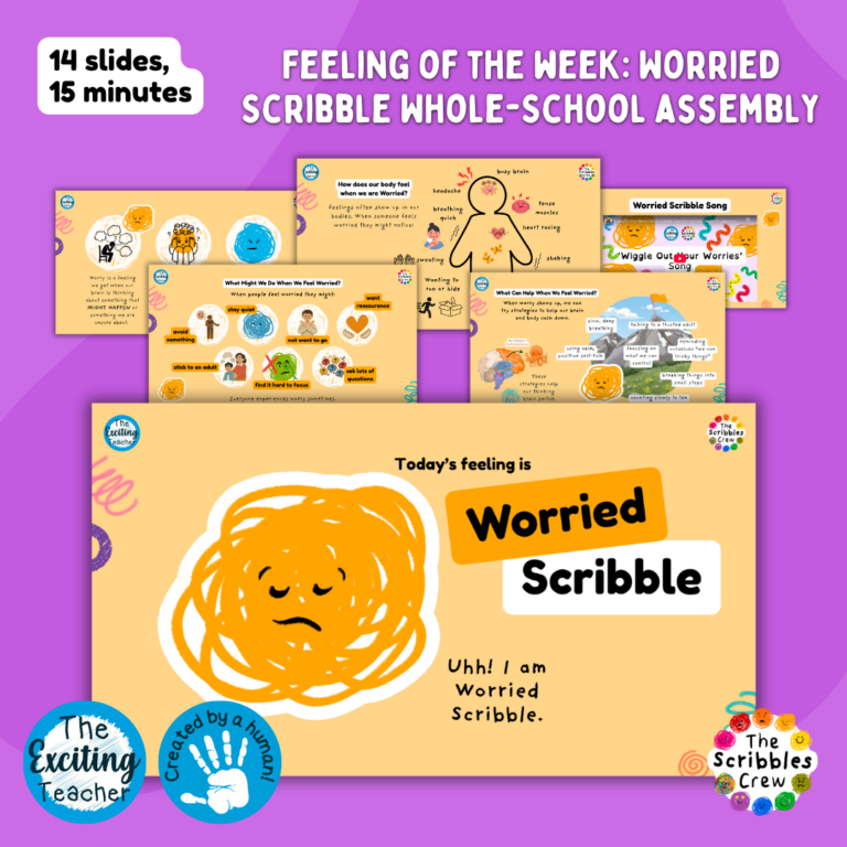 Feeling of the Week Meet Worried Scribble Whole-School Assembly Slides with Exciting Teacher and The Scribbles Crew 2026
