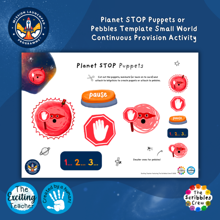 Planet STOP Role-Play Puppets or Storytelling Pebbles Activity Mission Launchpad Programme by Exciting Teacher and Scribbles Crew 2026