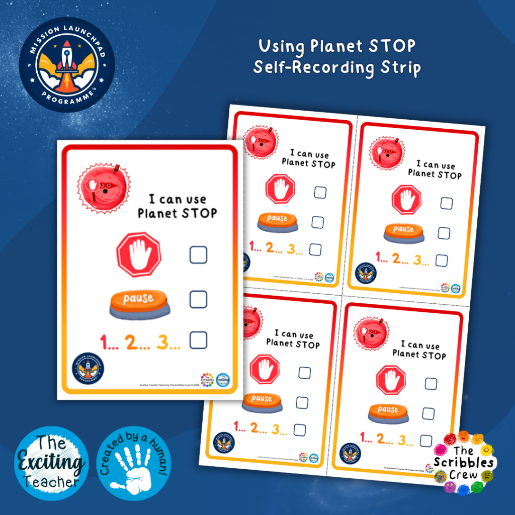 I Can Use Planet STOP Self-Recording Pocket Desk Cards Stop Pause Count to 3 Mission Launchpad Programme by Exciting Teacher and Scribbles Crew 2026