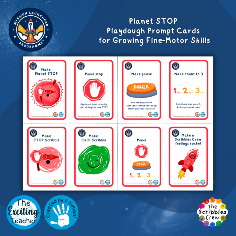 Planet STOP Playdough Prompt Cards Stop Pause Count to 3 Mission Launchpad Programme by Exciting Teacher and Scribbles Crew 2026