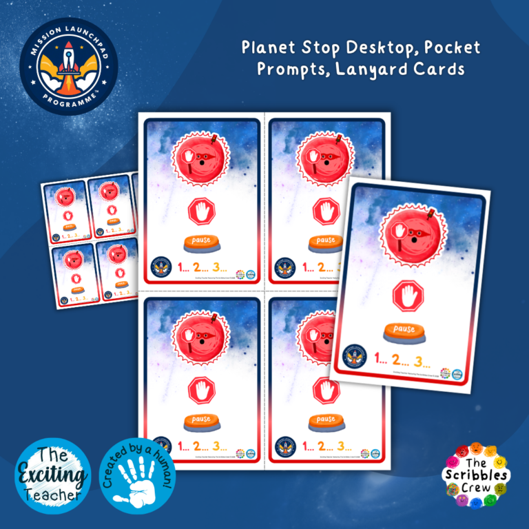 Planet STOP Pocket Desk Cards Stop Pause Count to 3 Mission Launchpad Programme by Exciting Teacher and Scribbles Crew 2026