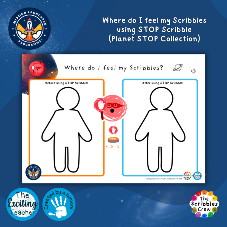 Where do I feel my Scribbles STOP Skill Body Map Reflection Activity Mission Launchpad Programme by Exciting Teacher and Scribbles Crew 2026