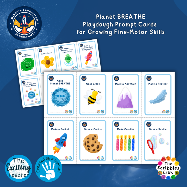 Planet BREATHE Playdough Prompt Cards for Growing Fine-Motor Skills Activity Mission Launchpad Programme by Exciting Teacher and The Scribbles Crew 2026