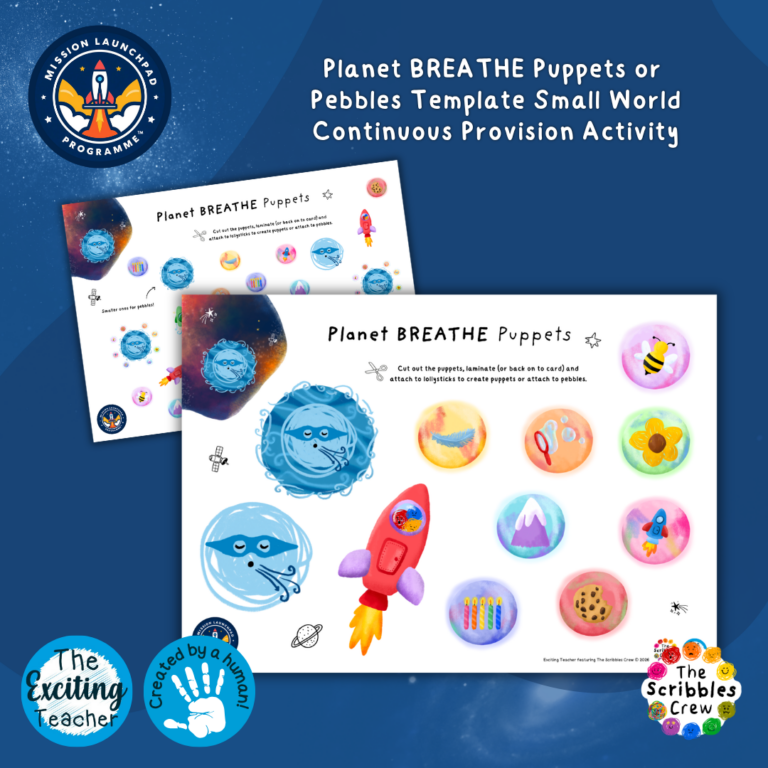 Planet BREATHE Puppets or Pebbles Template Small World Continuous Provision Activity Mission Launchpad Programme by Exciting Teacher and The Scribbles Crew 2026