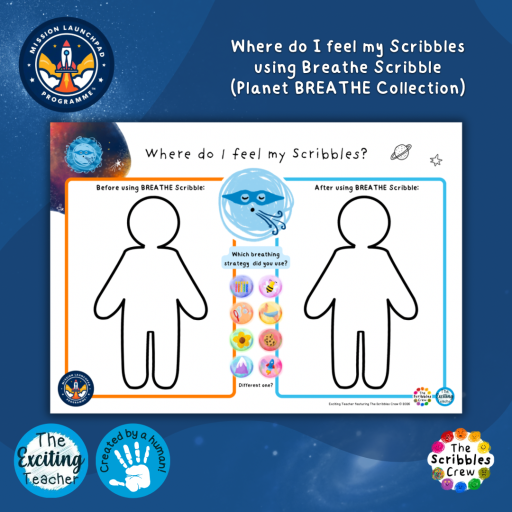 Where do I feel my Scribbles BREATHE Skill Body Map Reflection Activity Mission Launchpad Programme by Exciting Teacher and Scribbles Crew 2026