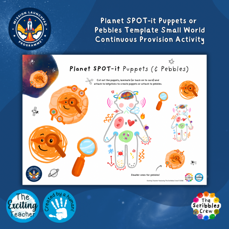 Planet SPOT-it Role-Play Puppets or Storytelling Pebbles Activity Mission Launchpad Programme by Exciting Teacher and Scribbles Crew 2026