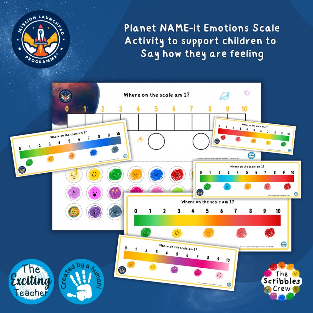 Planet NAME-it: ‘Where on the scale am I?’ Emotions & BIG Feelings Scale for Children (Mission Launchpad Programme) (EYFS, KS1, KS2) By Exciting Teacher The Scribbles Crew 2026