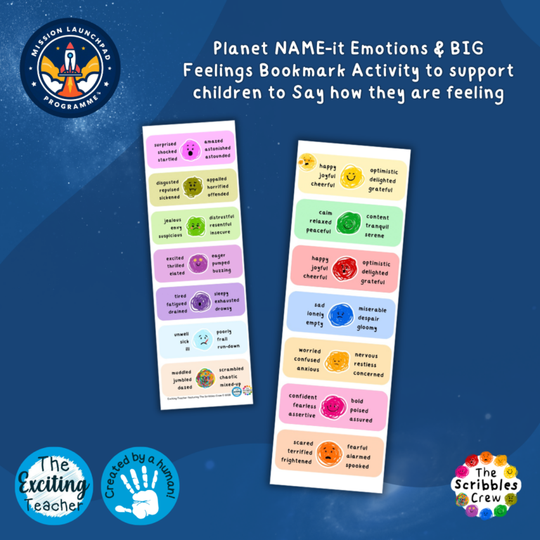 Planet NAME-it: Emotions Synonyms Bookmark for Building Emotional Vocabulary with The Scribbles Crew (Mission Launchpad Programme) (EYFS, KS1, KS2) By Exciting Teacher The Scribbles Crew 2026