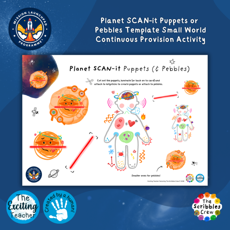 Planet SCAN-it: Stick Puppets, Storytelling Pebbles for Check-In’s & Small World Role Play (Mission Launchpad Programme) (EYFS, KS1) by Exciting Teacher and The Scribbles Crew 2026